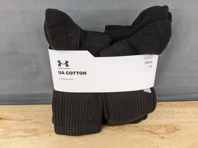 lot 12H image: Under Armour UA Cotton Cushioned Crew Socks, 6 Pair, Medium, Black - Brand New