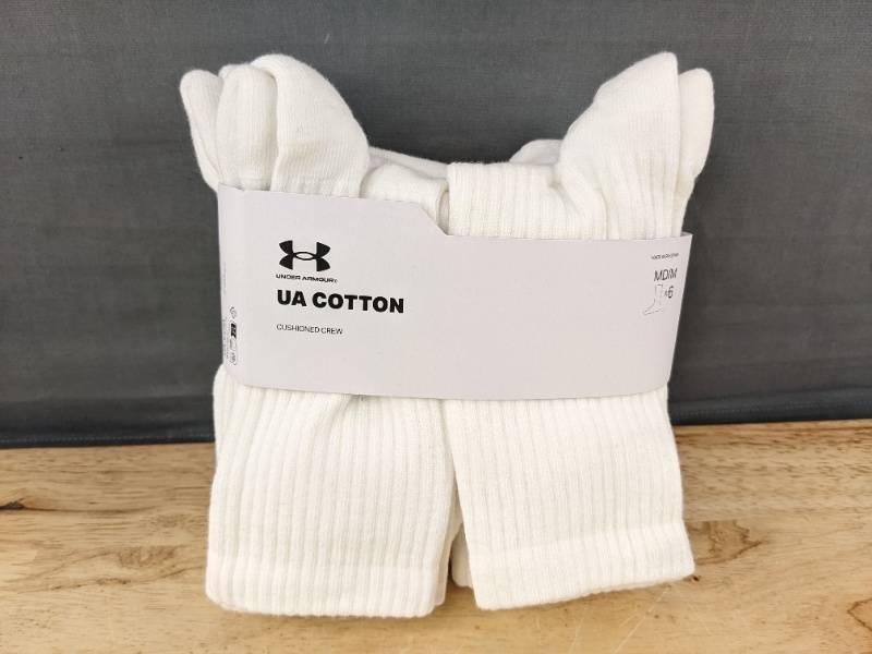 lot 46L image: 6 Pair Under Armour UA Cotton Cushioned Crew Socks Medium White - Brand New