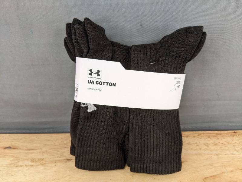 lot 99H image: 6 Pairs Under Armour Cotton Crew Socks Large, Black - Brand New