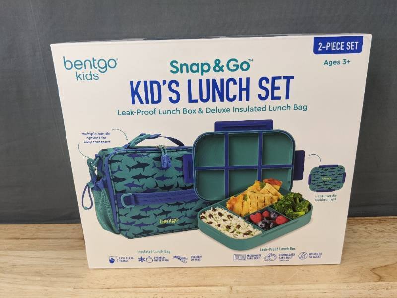 lot 19N image: Bentgo Kids Snap & Go Leak-Proof Lunch Set, Insulated Bag, Shark Print - Brand New