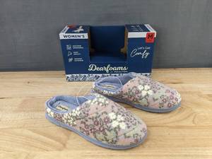 lot 269 image: Dearfoams Womens Memory Foam Slippers, Medium 7-8, Blue Floral - Brand New