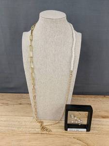 lot 301M image: Pearl Look Necklace & Pierced Earrings Set, Gold Tone, 17 in - Brand New