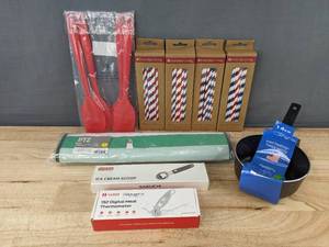 lot 168T image: Brand New Housewares Lot - Spatulas, Straws, Thermometer, More (10 items)