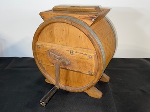 lot A-25 image: Vintage Wooden Butter Churn Barrel with Hand Crank