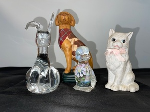 lot 30 image: Collection of 4 Animal Figurines - Glass Rabbit, Painted Dog, Glass Duck, Cat with Pink Bow