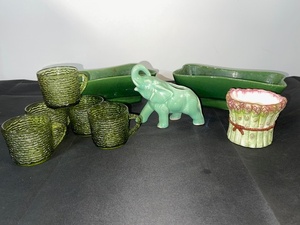 lot 32 image: Vintage Green Glass Cups and Ceramic Planters with Elephant and Asparagus Motif Vases