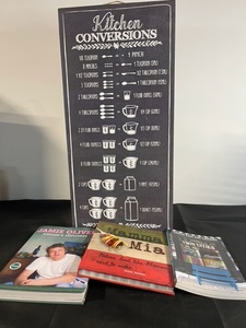lot 53 image: Kitchen Conversions Sign with 3 Cookbooks Including Jamies Dinners