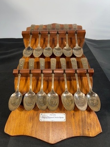 lot 54 image: Original Thirteen Colonies Bicentennial Spoon Collection with Wooden Display Rack