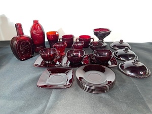 lot 55 image: Collection of Vintage Ruby Red Glassware Plates Cups and Covered Dishes