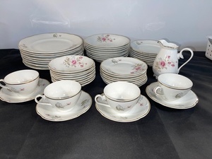 lot 59 image: Vintage Floral Porcelain China Dinnerware Set with Plates, Cups, Saucers and Creamer