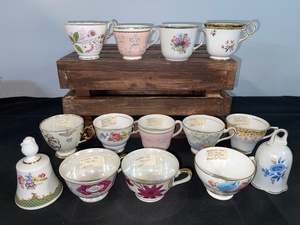 lot 61 image: Assorted Vintage Porcelain Teacups and Bell Collection with Floral Patterns
