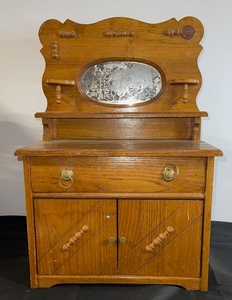 lot 68 image: Vintage Wooden Doll Sideboard with Distressed Mirror and Drawer