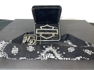 lot A-72 image: Harley-Davidson Crystal Belt Buckles and Black Bandana Set