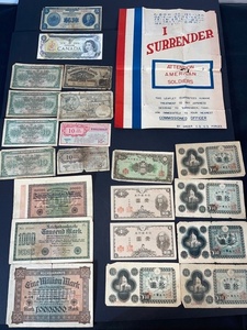 lot A-79 image: Collection of Vintage World Paper Currency and WWII Era I Surrender Leaflet