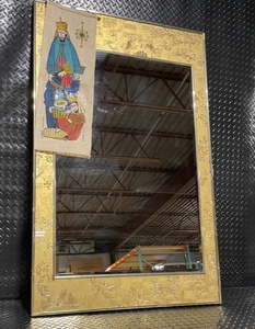 lot 82 image: Large Rectangular Mirror with Ornate Asian-Inspired Gold Etched Frame and Country Prints Textile Art