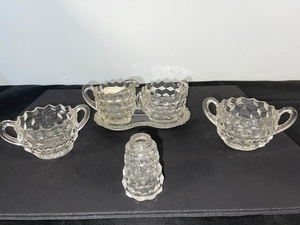 lot 86 image: Vintage Pressed Glass Sugar, Creamer, Shakers and Tray Set