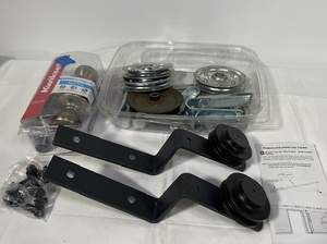 lot 106 image: Barn Door Hardware Parts Lot with Pulleys, Brackets, and Kwikset Entry Knob