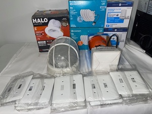 lot 107 image: Electrical Hardware Lot LED Downlights, 2 GE Shower Filter Systems, Evaporative Cooler Pump, 21 Switch Plates & More