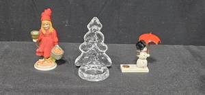 lot 10 image: Vintage Holiday Decor Lot with Erzgebirge Snowman, Swedish Glass Tealight Tree, and Apple Girl Candle Holder & Red Metal Christmas Lantern with Tree Design