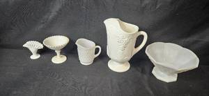lot 36 image: Set of 5 Vintage White Milk Glass Vases and Pitcher Collection