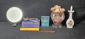 lot 38 image: Vintage Vanity Set with Mirror, Perfume Bottles, Shaving Razor, and Decorative Boxes