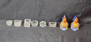 lot 41 image: Set of 6 Vintage Glass Salt Cellars and Avon Rooster Salt and Pepper Shakers