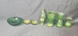 lot 42 image: Collection of Vintage Green Glass Vases, Bowls, and Fish-Shaped Bottle