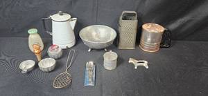 lot 45 image: Collection of Vintage Metal and Kitchen Utensils with Percolator, Grater, Sifter, and Molds