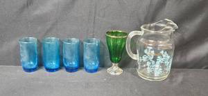 lot 47 image: Glass Pitcher with Blue Tumblers and Green Goblet Set