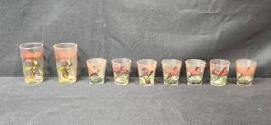 lot 55 image: Set of Vintage Bird-Themed Drinking Glasses and Shot Glasses