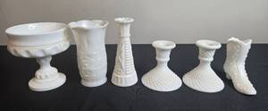 lot 59 image: Set of Vintage White Milk Glass Vases and Candle Holders