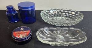 lot 75 image: Vintage Blue Glass Containers and Clear Pressed Glass Dishes Lot