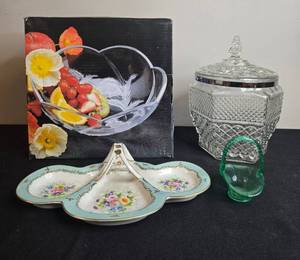 lot 111 image: Glass and Porcelain Serving Piece Collection Including Crystal Bowl, Biscuit Jar, and Handled Tray