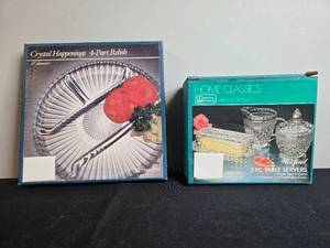 lot 115 image: Crystal Glass Tableware Lot 4-Part Relish Tray, 5-Pc Table Servers, Pair Flower Candle Holders