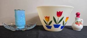 lot 117 image: Collection of Vintage Avon Bottles and Fire-King Tulip Mixing Bowl