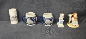 lot 121 image: German Porcelain and Stoneware Collection with Nymphenburg Lion, Hummel Figurine, and Beer Steins