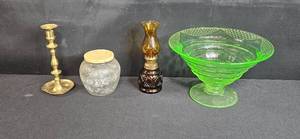 lot 123 image: Collection of Vintage Home Decor Items - Brass Candlestick, Uranium Glass Bowl, Oil Lamp, and Glass Jar