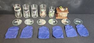 lot 132 image: Vintage Mixed Barware Collection with Glasses, Coasters, and Duck Decor Box