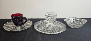 lot 141 image: Vintage Misc Glass Set Inc Anchor Hocking Bubbes & Bars Bowl & Glass, Ruby Cup and Clear Plate