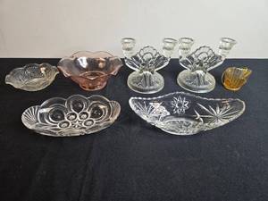 lot 143 image: Collection of Vintage Glass Bowls, Dishes, Candle Holders and Amber Miniature Basket