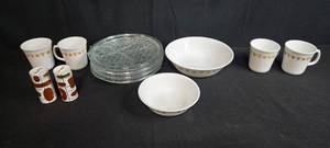 lot 155 image: Collection of Vintage Dinnerware with Golden Floral Mugs, Glass Plates, Bowls, and Salt & Pepper Shakers