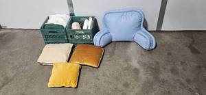 lot 197 image: Collection of Throw Pillows, Backrest Pillow, and Reversible Bar Stool Covers