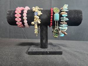 lot 210 image: Collection of 6 Fashion Stretch Bracelets Assorted Beads and Charms - display not inc