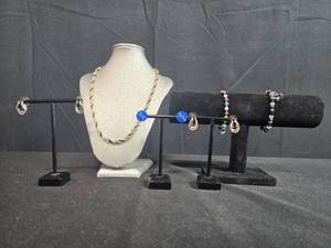 lot 213 image: Jewelry Set with Rope Necklace, 3 Pairs of Earrings, and 2 Beaded Bracelets - displays not inc