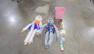 lot 217 image: Set of Large Plush Puppet Monkeys with Toys and Games - see the measurements of the puppets - theyre long
