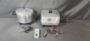 lot 223 image: Vintage Mirro-Matic Electric Skillet, Aluminum Pot with Lid, and Cooking Utensil Set
