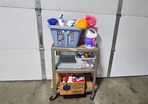lot 229 image: Rolling Metal Utility Cart with Assorted Cleaning Supplies