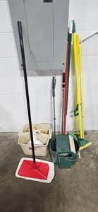 lot 230 image: Assorted Janitorial Supplies Including Mops, Brooms, Buckets, and Dustpans