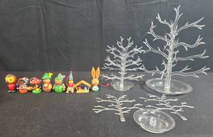 lot 235 image: Collection of Miniature Wooden Christmas Ornaments and Plastic Display Trees