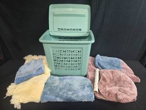 lot 237 image: Laundry Basket with Assorted Towels and Lint Roller